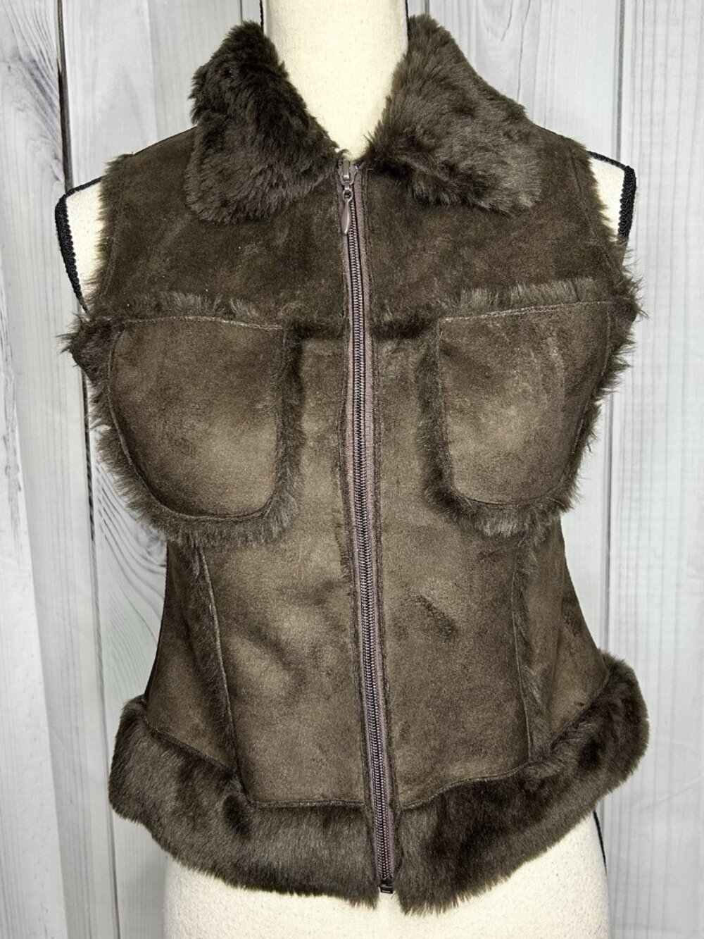 Bebe Faux Fur Suede Vest Womens Sz XS Brown Full Zip Vintage